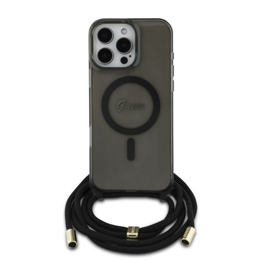 MagSafe hoesje voor Apple iPhone 16 Pro, Guess, IML Crossbody Cord Script, Zwart