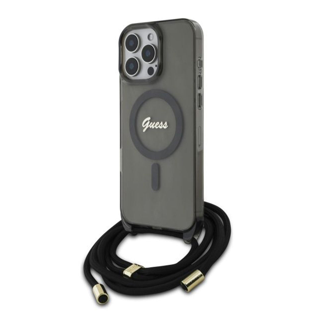 MagSafe hoesje voor Apple iPhone 16 Pro, Guess, IML Crossbody Cord Script, Zwart