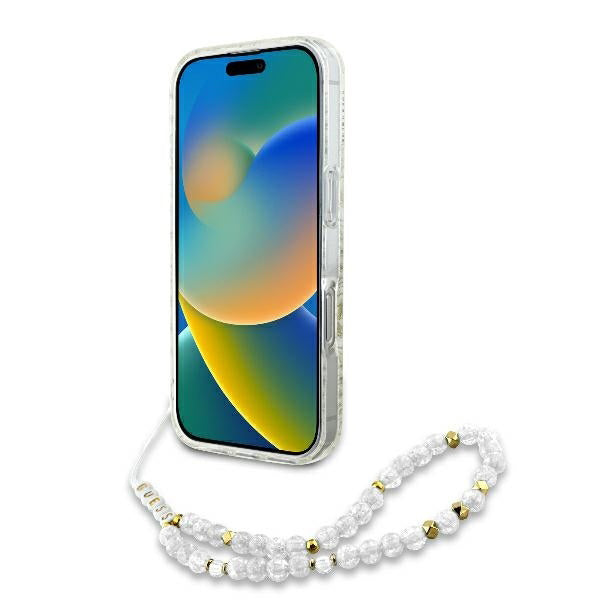 Étui MagSafe pour Apple iPhone 16 Pro, Guess, IML Flowers Allover Electroplated with Pearl Strap, Blanc