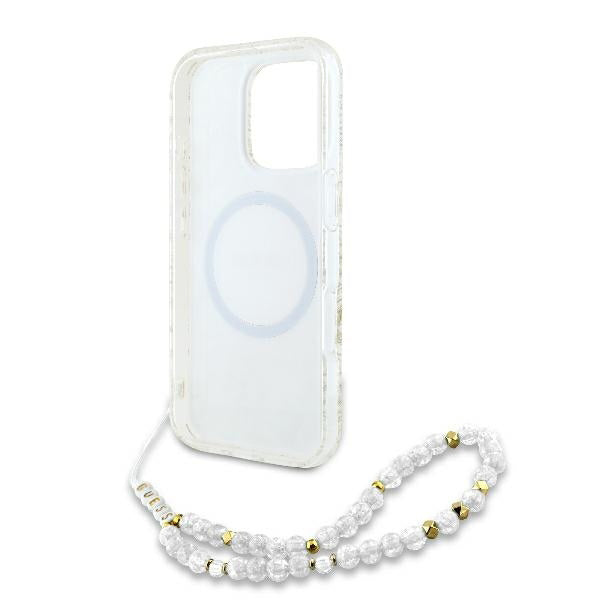 Étui MagSafe pour Apple iPhone 16 Pro, Guess, IML Flowers Allover Electroplated with Pearl Strap, Blanc