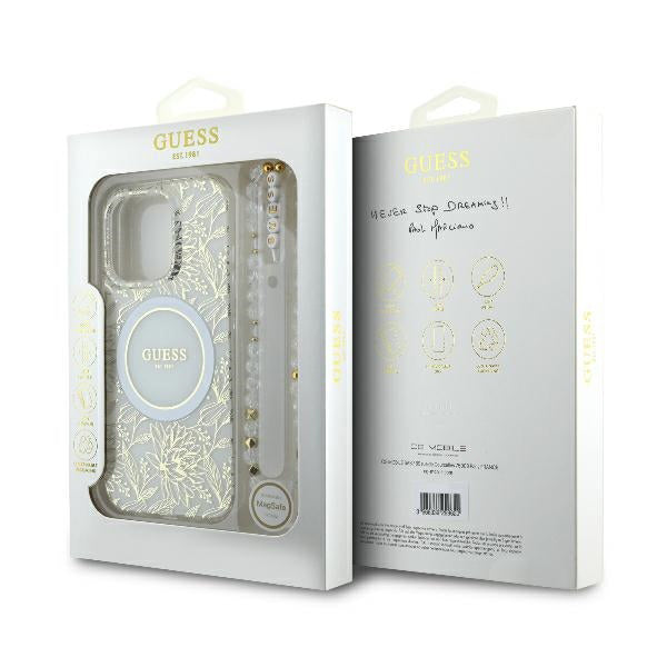 Étui MagSafe pour Apple iPhone 16 Pro, Guess, IML Flowers Allover Electroplated with Pearl Strap, Blanc