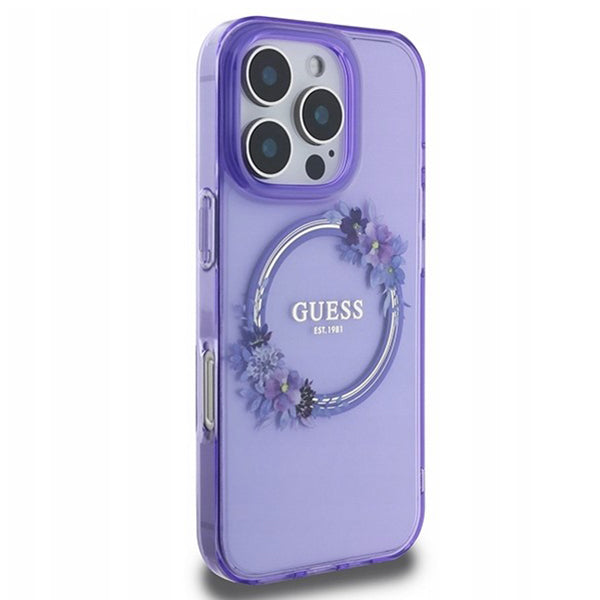 MagSafe hoesje voor Apple iPhone 16 Pro, Guess, IML Flowers Wreath, Paars
