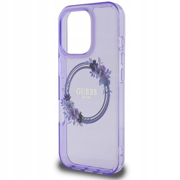 MagSafe hoesje voor Apple iPhone 16 Pro, Guess, IML Flowers Wreath, Paars