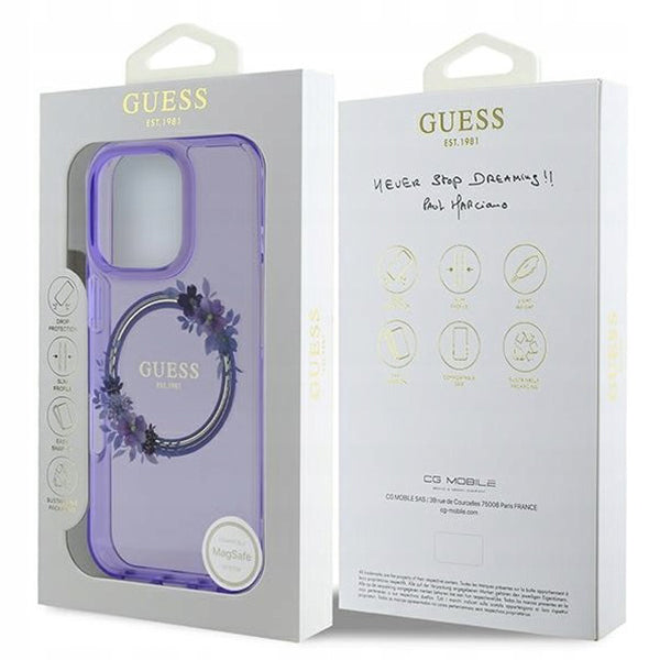 MagSafe hoesje voor Apple iPhone 16 Pro, Guess, IML Flowers Wreath, Paars