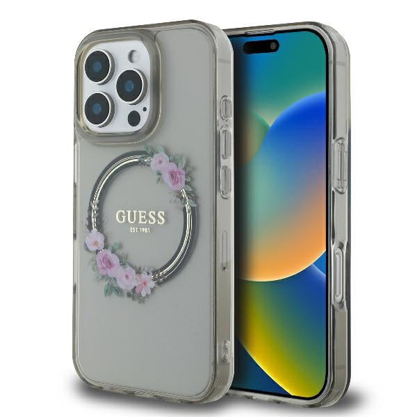 MagSafe Hülle für Apple iPhone 16 Pro, Guess, IML Flowers Wreath, Schwarz