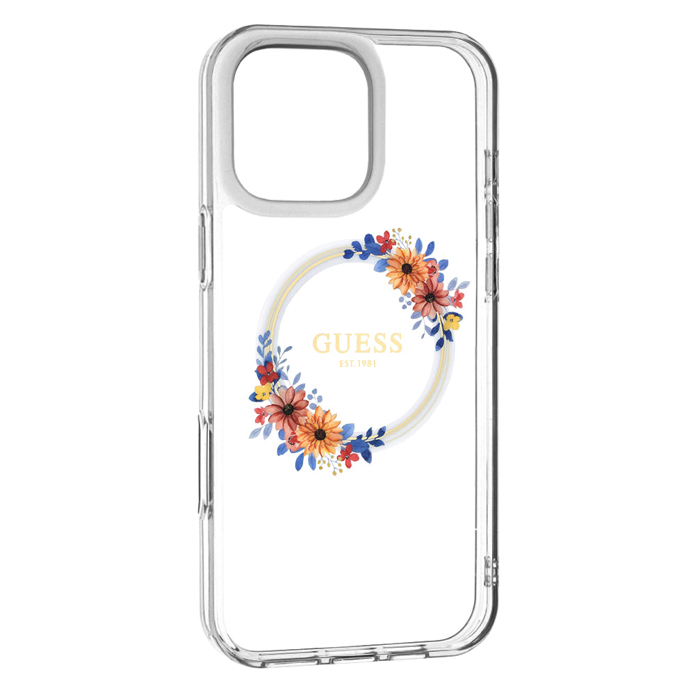 MagSafe Hülle für Apple iPhone 16 Pro, Guess, IML Flowers Wreath, Transparent
