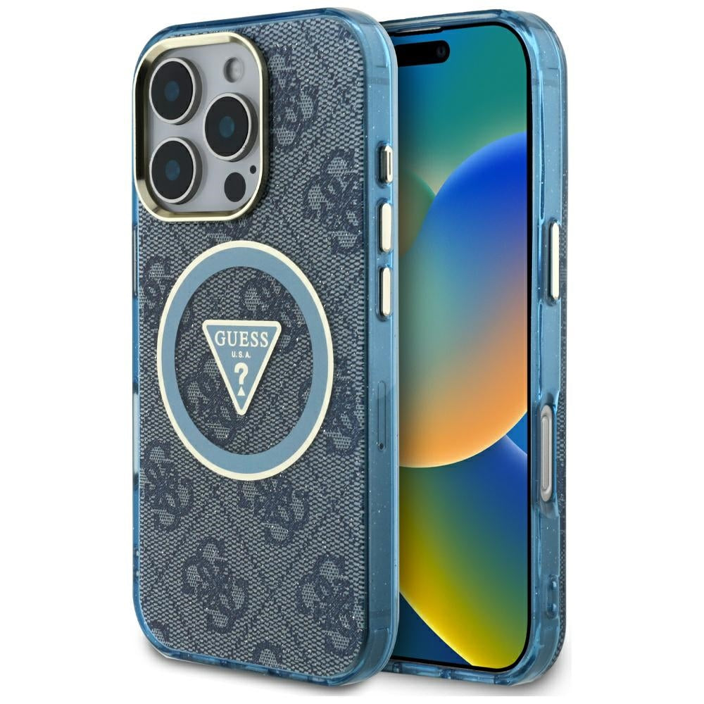 Étui MagSafe pour Apple iPhone 16 Pro, Guess, IML Glitter 4G Circle Triangle, Bleu
