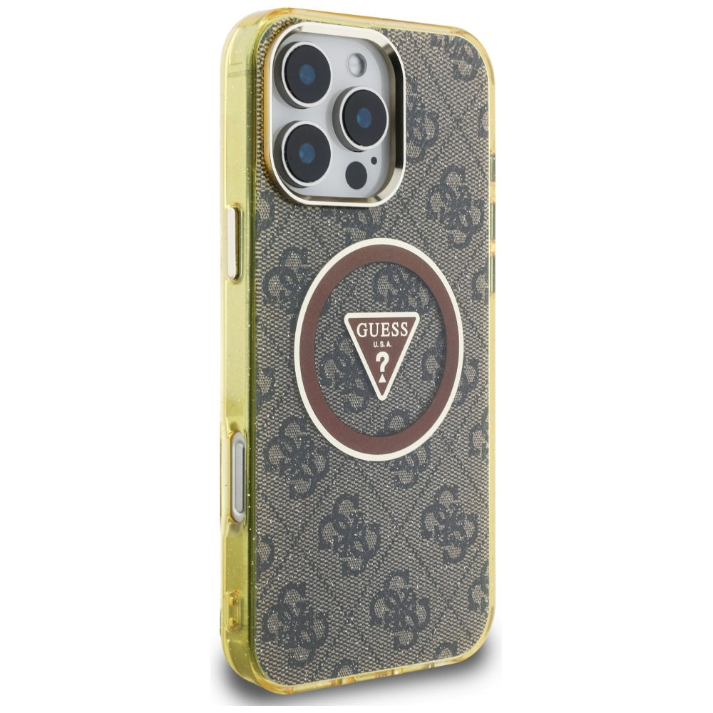 MagSafe hoesje voor Apple iPhone 16 Pro, Guess, IML Glitter 4G Circle Triangle, Bruin