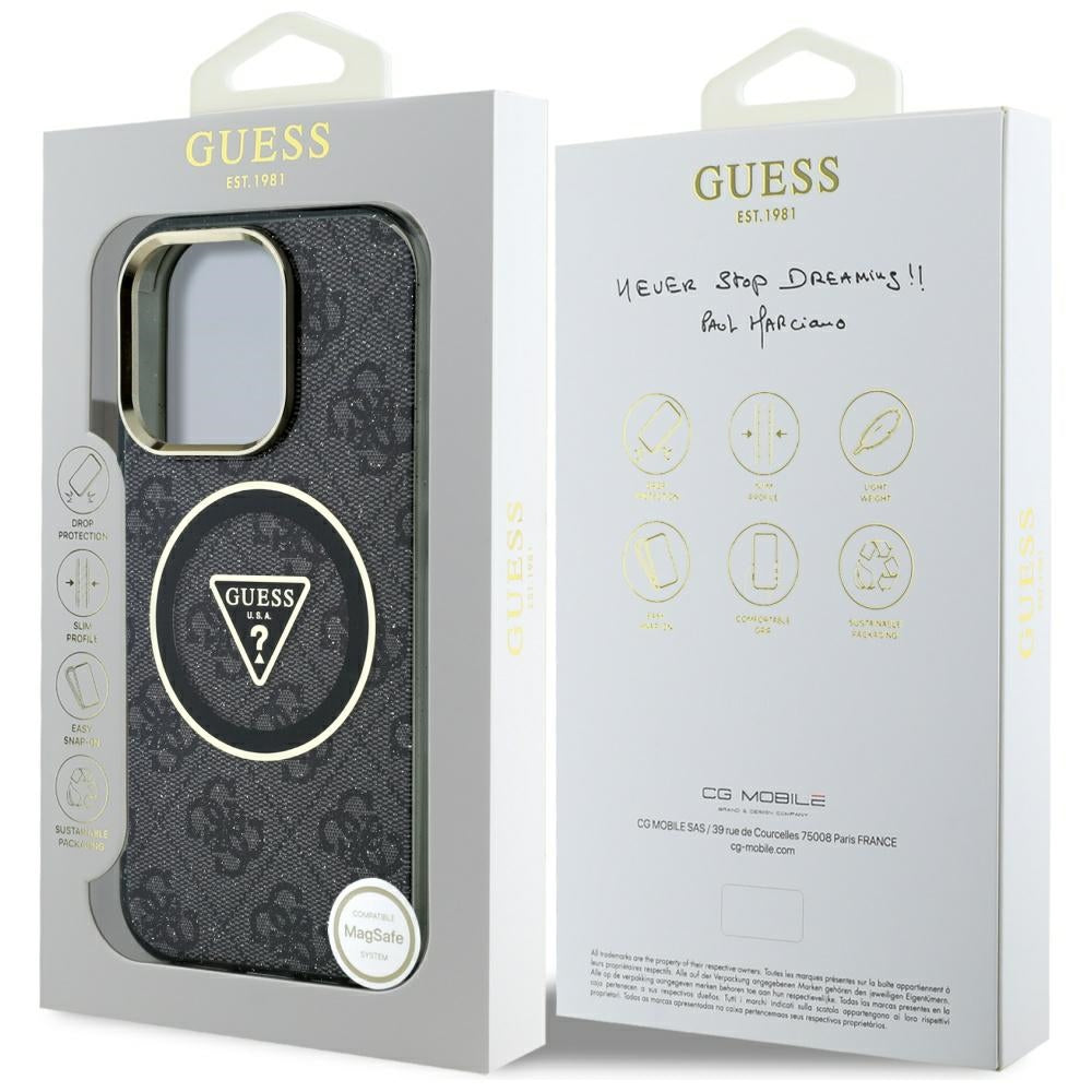MagSafe hoesje voor Apple iPhone 16 Pro, Guess, IML Glitter 4G Circle Triangle, Zwart