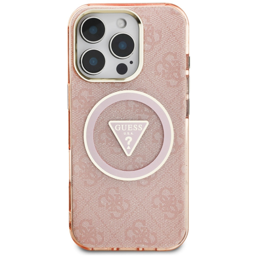 MagSafe hoesje voor Apple iPhone 16 Pro, Guess, IML Glitter 4G Circle Triangle, Roze