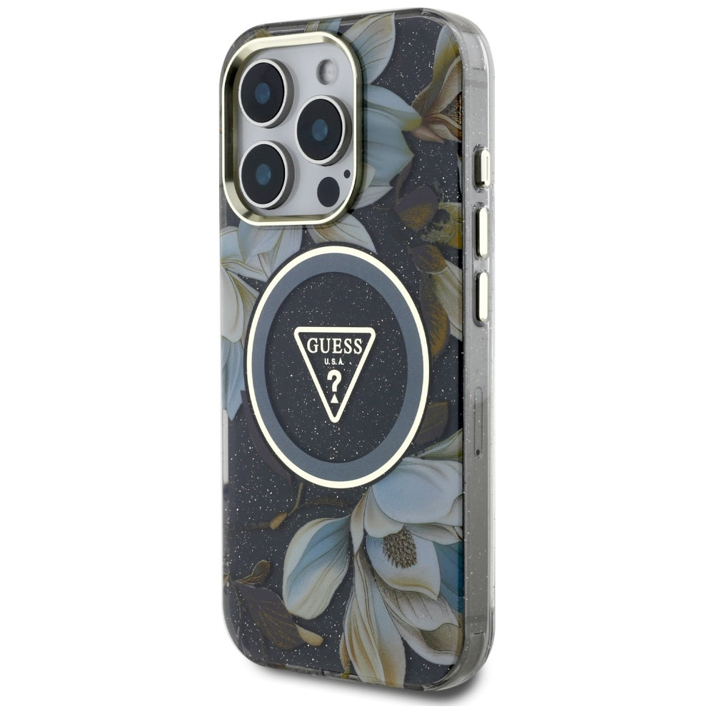 Étui MagSafe pour Apple iPhone 16 Pro, Guess, IML Metal Glitter Flowers Triangle, Noir