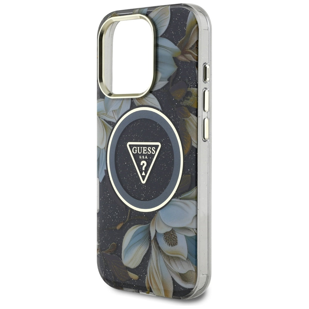Étui MagSafe pour Apple iPhone 16 Pro, Guess, IML Metal Glitter Flowers Triangle, Noir