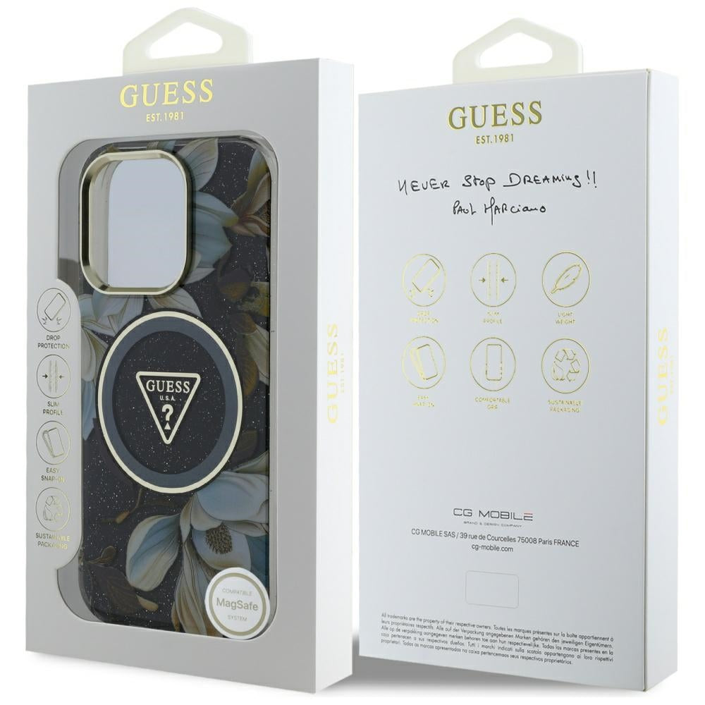 Étui MagSafe pour Apple iPhone 16 Pro, Guess, IML Metal Glitter Flowers Triangle, Noir