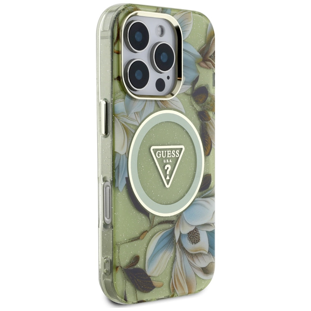 MagSafe hoesje voor Apple iPhone 16 Pro, Guess, IML Metal Glitter Flowers Triangle, Groen