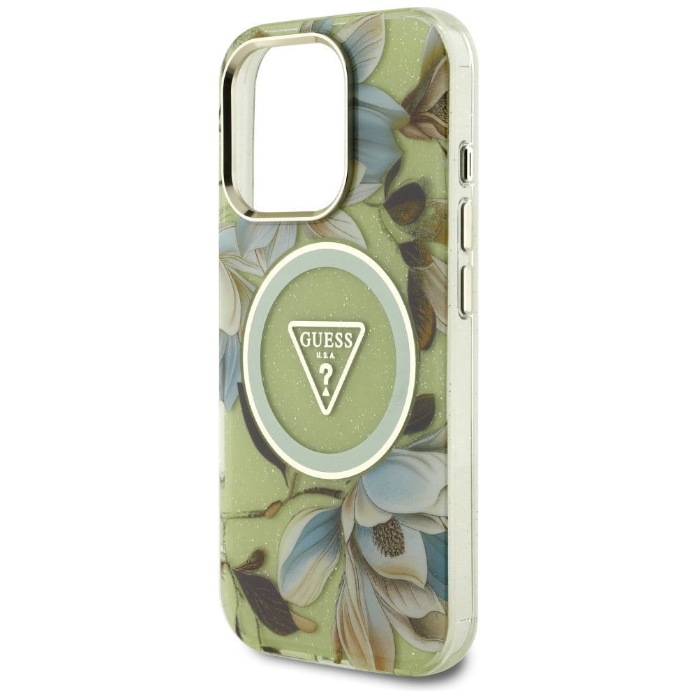 MagSafe hoesje voor Apple iPhone 16 Pro, Guess, IML Metal Glitter Flowers Triangle, Groen