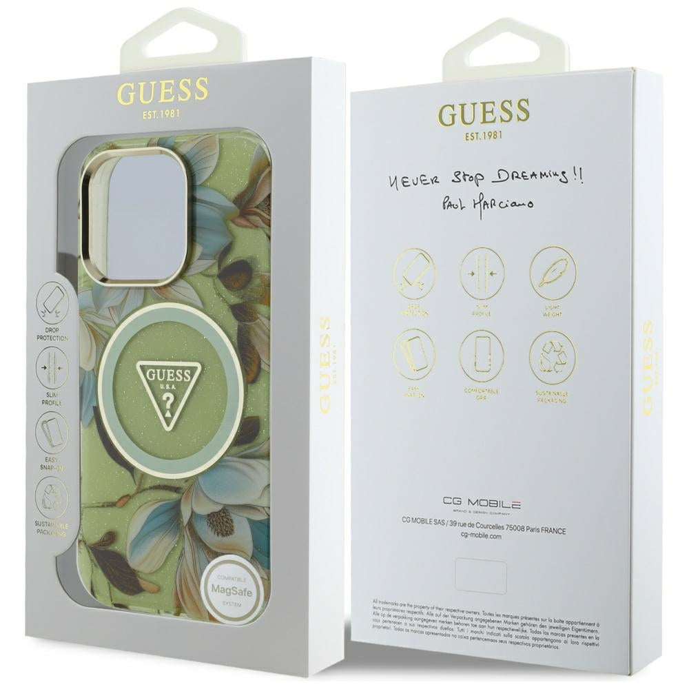 MagSafe hoesje voor Apple iPhone 16 Pro, Guess, IML Metal Glitter Flowers Triangle, Groen