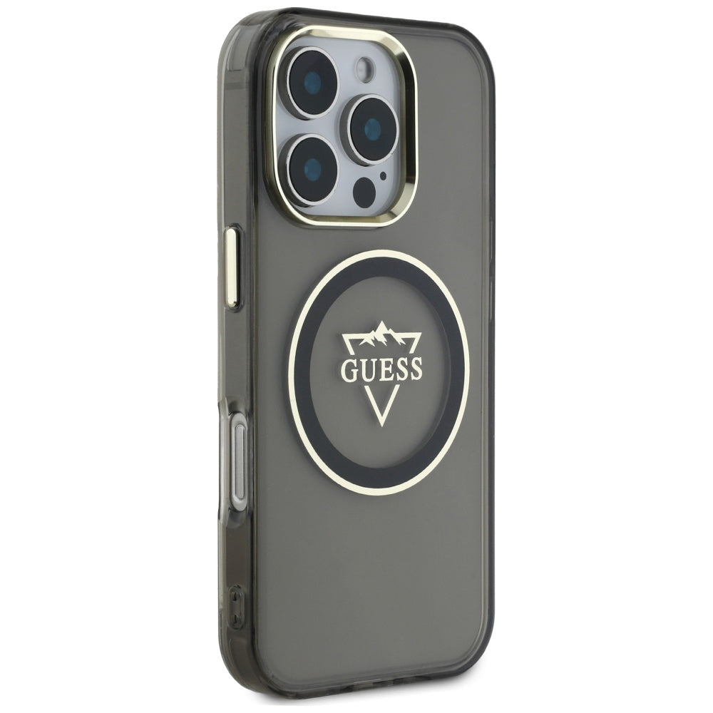 Coque MagSafe pour Apple iPhone 16 Pro, Guess, logo IML Metal Mountain, Noire