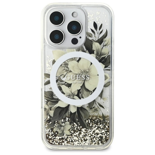 Étui MagSafe pour Apple iPhone 16 Pro, Guess, Liquid Glitter Flower, Beige