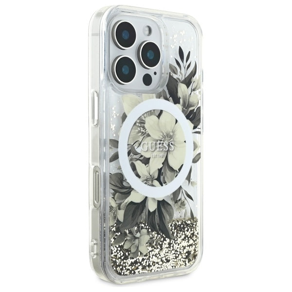 MagSafe hoesje voor Apple iPhone 16 Pro, Guess, Liquid Glitter Flower, Beige