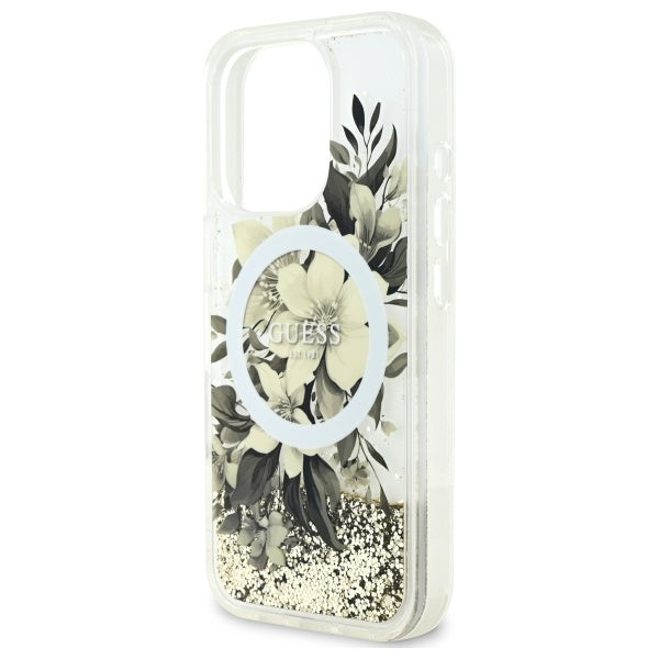 MagSafe hoesje voor Apple iPhone 16 Pro, Guess, Liquid Glitter Flower, Beige