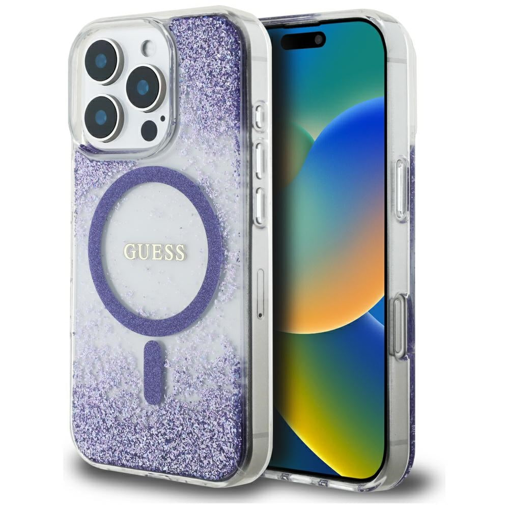 MagSafe Hülle für Apple iPhone 16 Pro, Guess, Resin Bottom Glitter, Lila