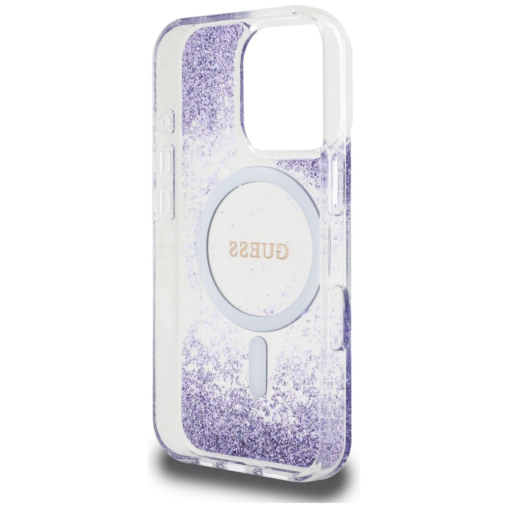 MagSafe Hülle für Apple iPhone 16 Pro, Guess, Resin Bottom Glitter, Lila