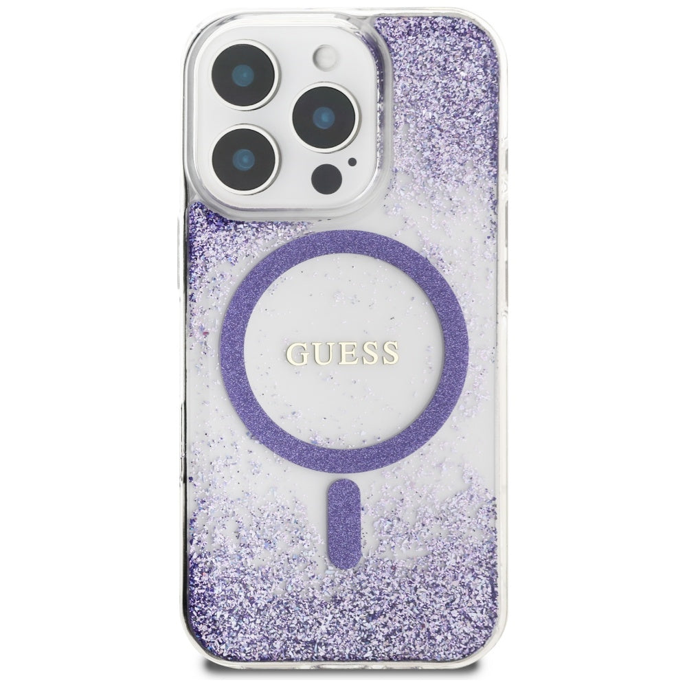 MagSafe Hülle für Apple iPhone 16 Pro, Guess, Resin Bottom Glitter, Lila