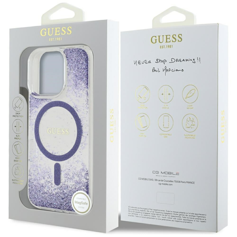 MagSafe Hülle für Apple iPhone 16 Pro, Guess, Resin Bottom Glitter, Lila