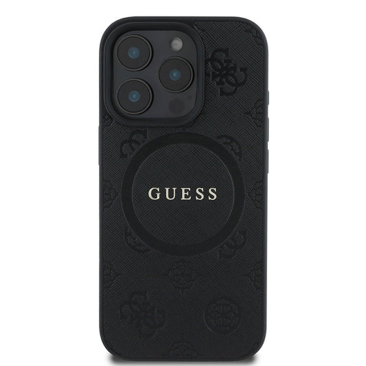Étui MagSafe pour Apple iPhone 16 Pro, Guess, Saffiano Peony Classic Logo, Noir
