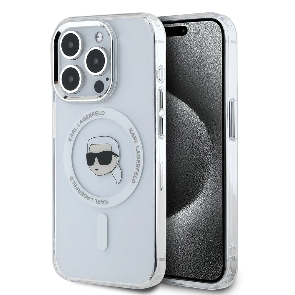 Étui MagSafe pour Apple iPhone 16 Pro, Karl Lagerfeld, IML Metal Karl's Head, Blanc