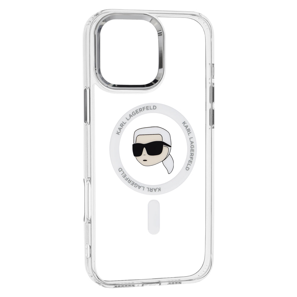 Étui MagSafe pour Apple iPhone 16 Pro, Karl Lagerfeld, IML Metal Karl's Head, Blanc