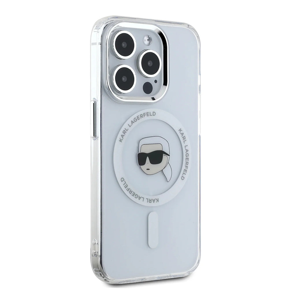 Étui MagSafe pour Apple iPhone 16 Pro, Karl Lagerfeld, IML Metal Karl's Head, Blanc