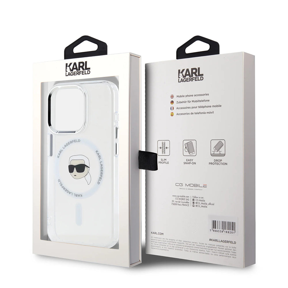 Étui MagSafe pour Apple iPhone 16 Pro, Karl Lagerfeld, IML Metal Karl's Head, Blanc