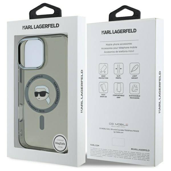 MagSafe Case for Apple iPhone 16 Pro, Karl Lagerfeld, IML Metal Karl's Head, Black