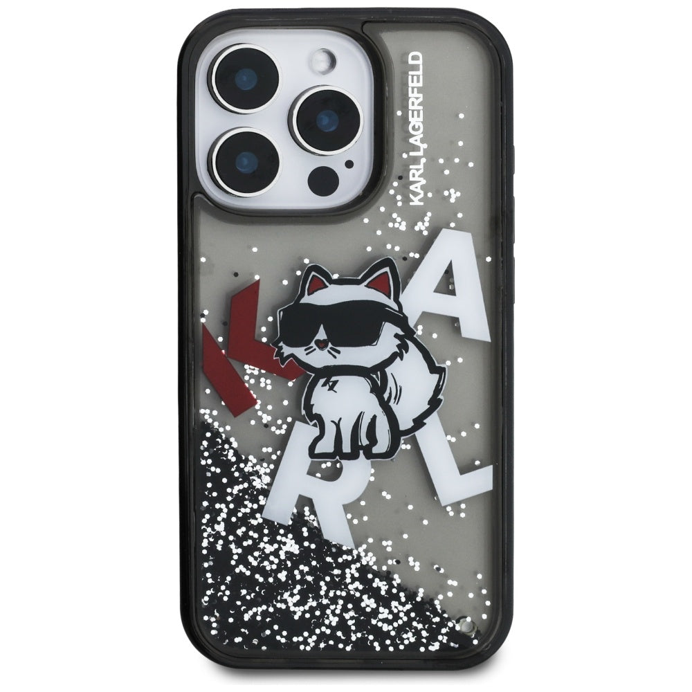 Étui MagSafe pour Apple iPhone 16 Pro, Karl Lagerfeld, Logo Choupette à Paillettes Liquides, Noir