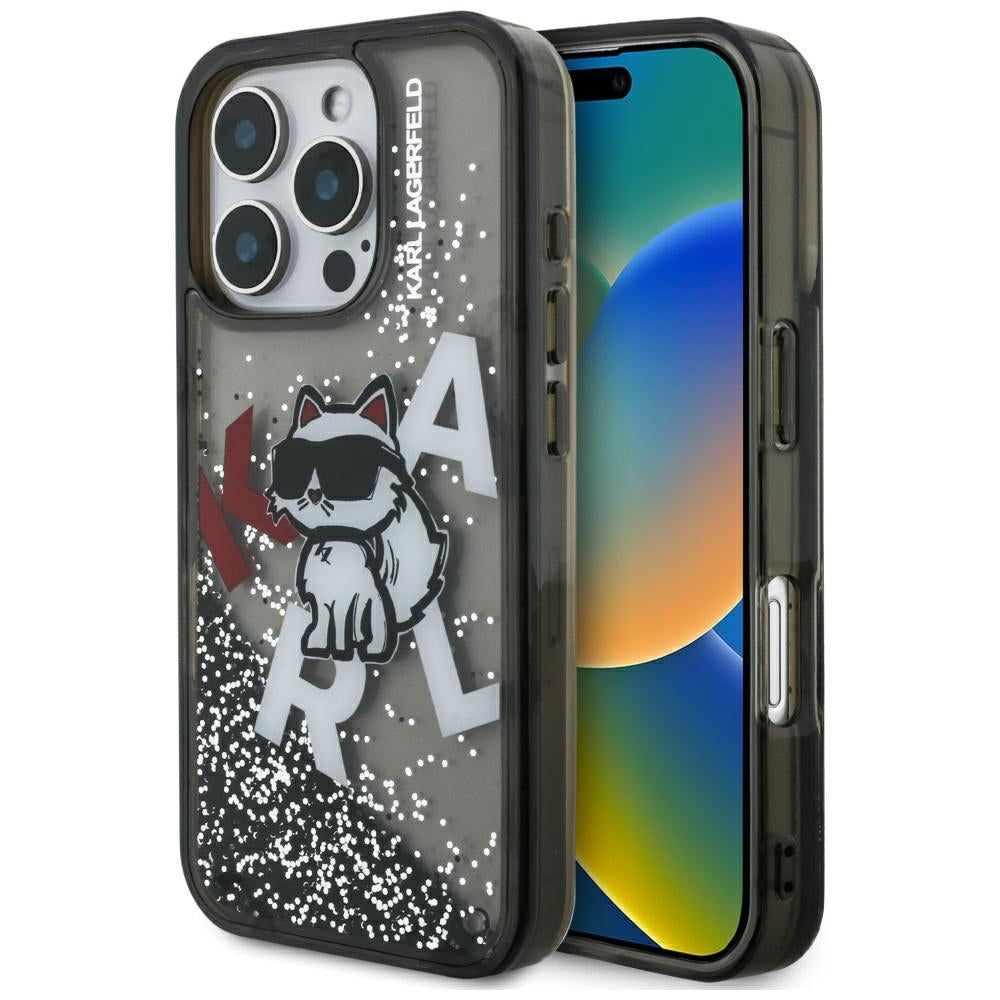 Étui MagSafe pour Apple iPhone 16 Pro, Karl Lagerfeld, Logo Choupette à Paillettes Liquides, Noir