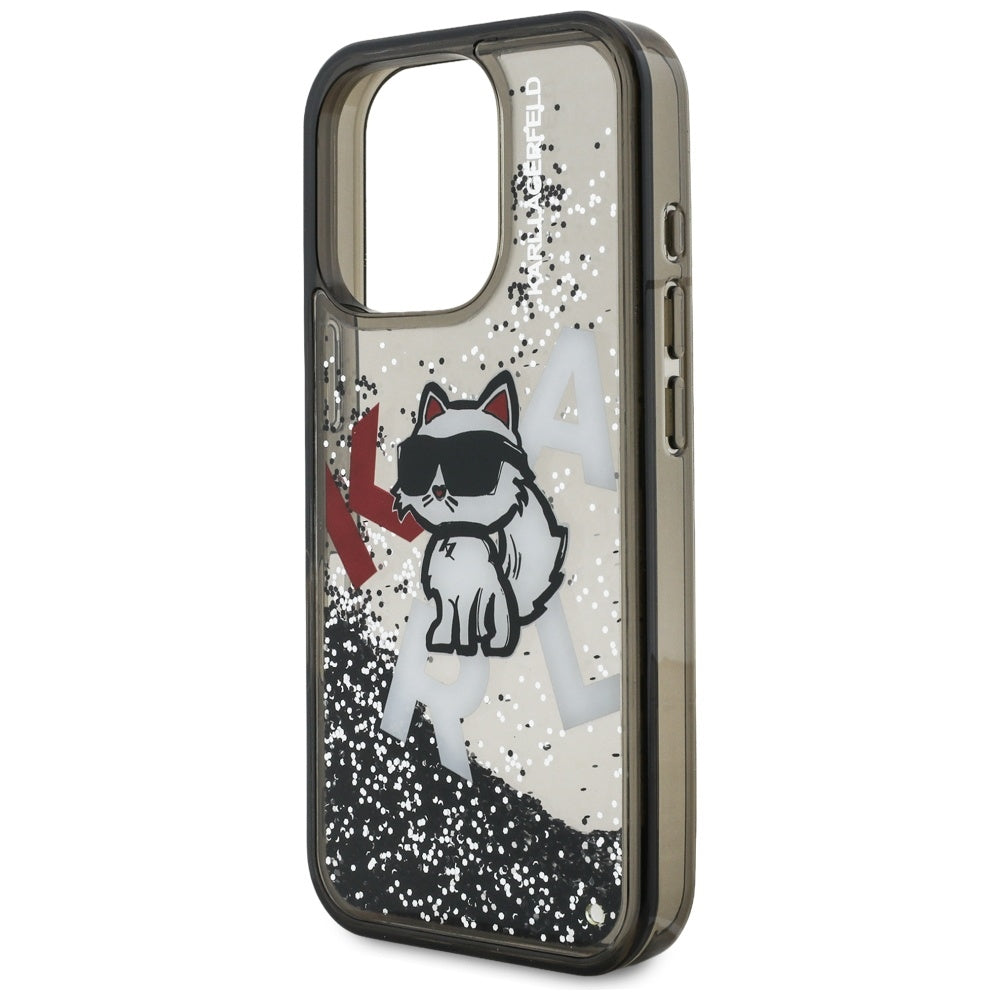 Étui MagSafe pour Apple iPhone 16 Pro, Karl Lagerfeld, Logo Choupette à Paillettes Liquides, Noir