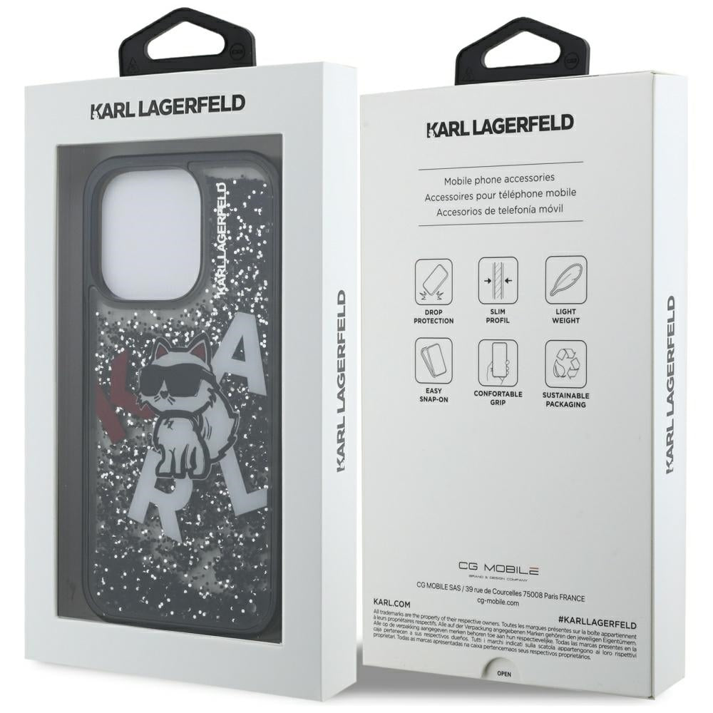 Étui MagSafe pour Apple iPhone 16 Pro, Karl Lagerfeld, Logo Choupette à Paillettes Liquides, Noir