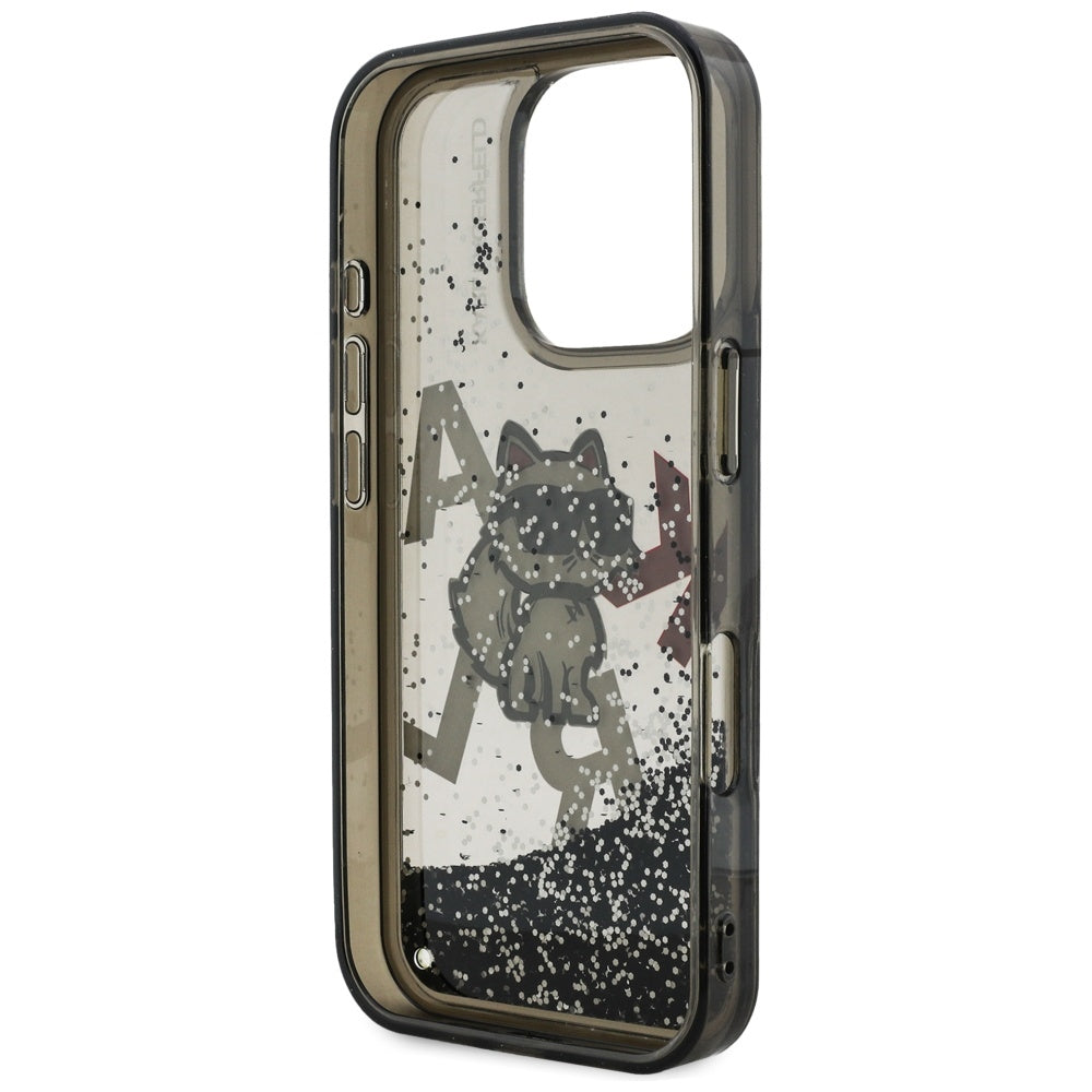 Étui MagSafe pour Apple iPhone 16 Pro, Karl Lagerfeld, Logo Choupette à Paillettes Liquides, Noir