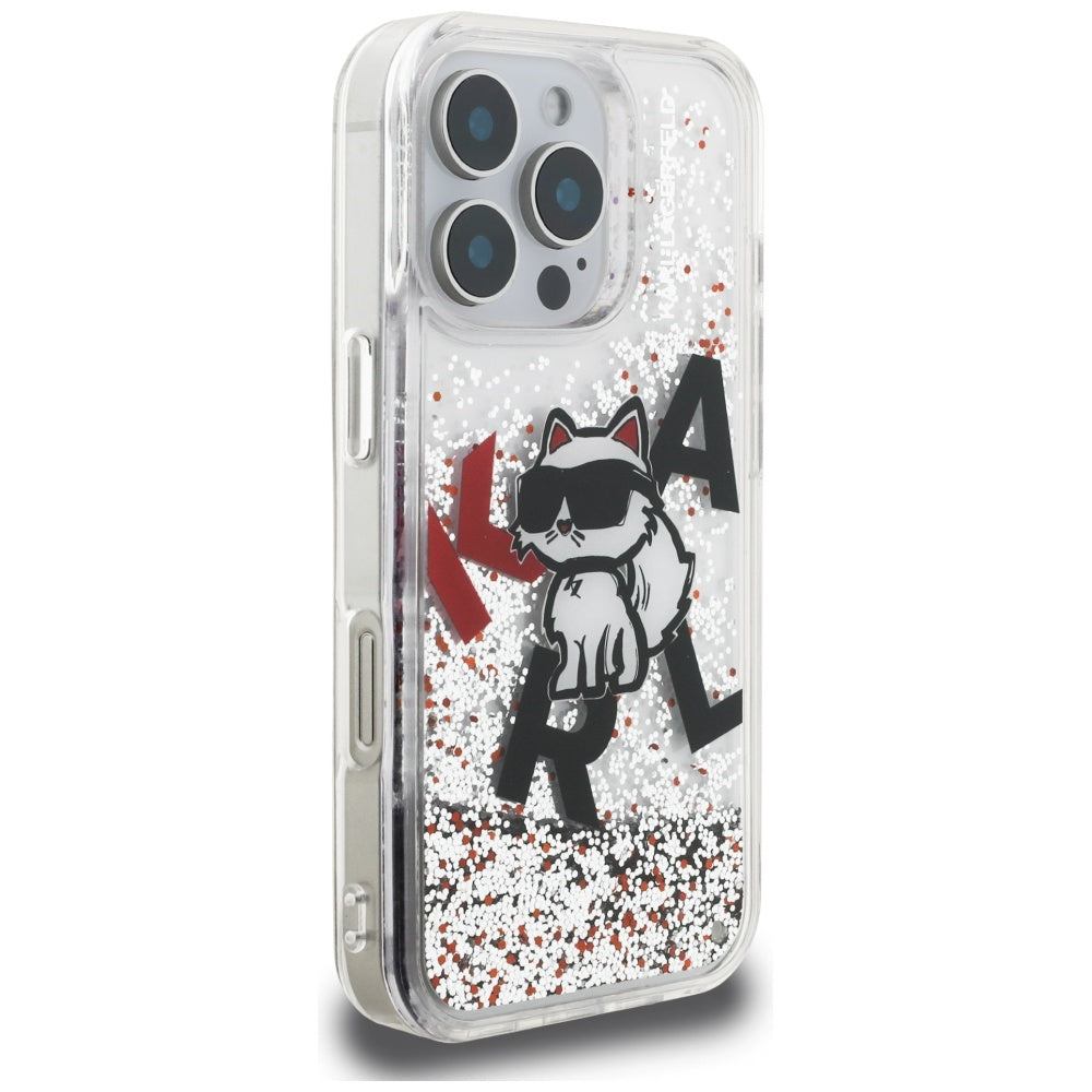 Étui MagSafe pour Apple iPhone 16 Pro, Karl Lagerfeld, Logo Choupette à Paillettes Liquides, Transparent