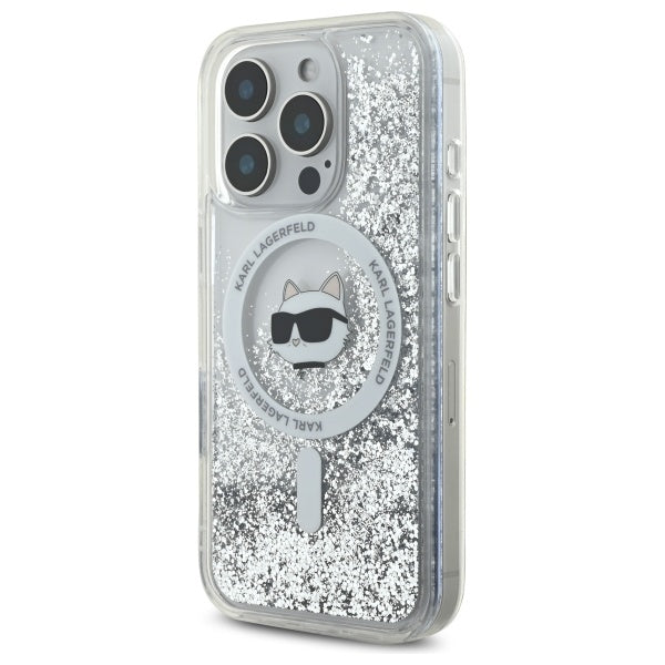 MagSafe Hülle für Apple iPhone 16 Pro, Karl Lagerfeld, Liquid Glitter Choupette's Head, Transparent