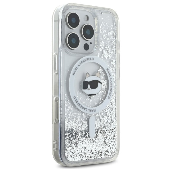 MagSafe Hülle für Apple iPhone 16 Pro, Karl Lagerfeld, Liquid Glitter Choupette's Head, Transparent