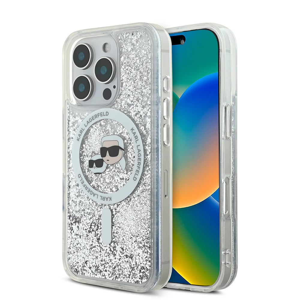 Coque MagSafe pour Apple iPhone 16 Pro, Karl Lagerfeld, Liquid Glitter Karl & Choupette's Heads, Transparente