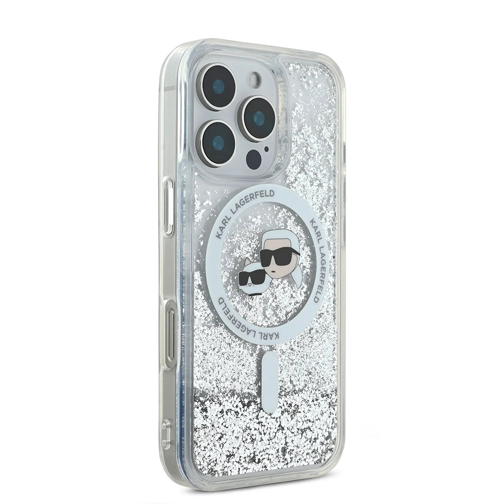 Coque MagSafe pour Apple iPhone 16 Pro, Karl Lagerfeld, Liquid Glitter Karl & Choupette's Heads, Transparente