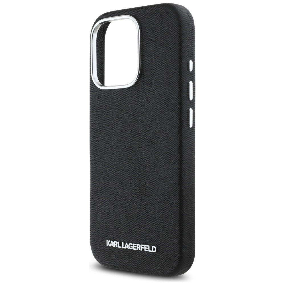 Étui MagSafe pour Apple iPhone 16 Pro, Karl Lagerfeld, Saffiano Full Wrapped Elongated Metal Logo, Noir