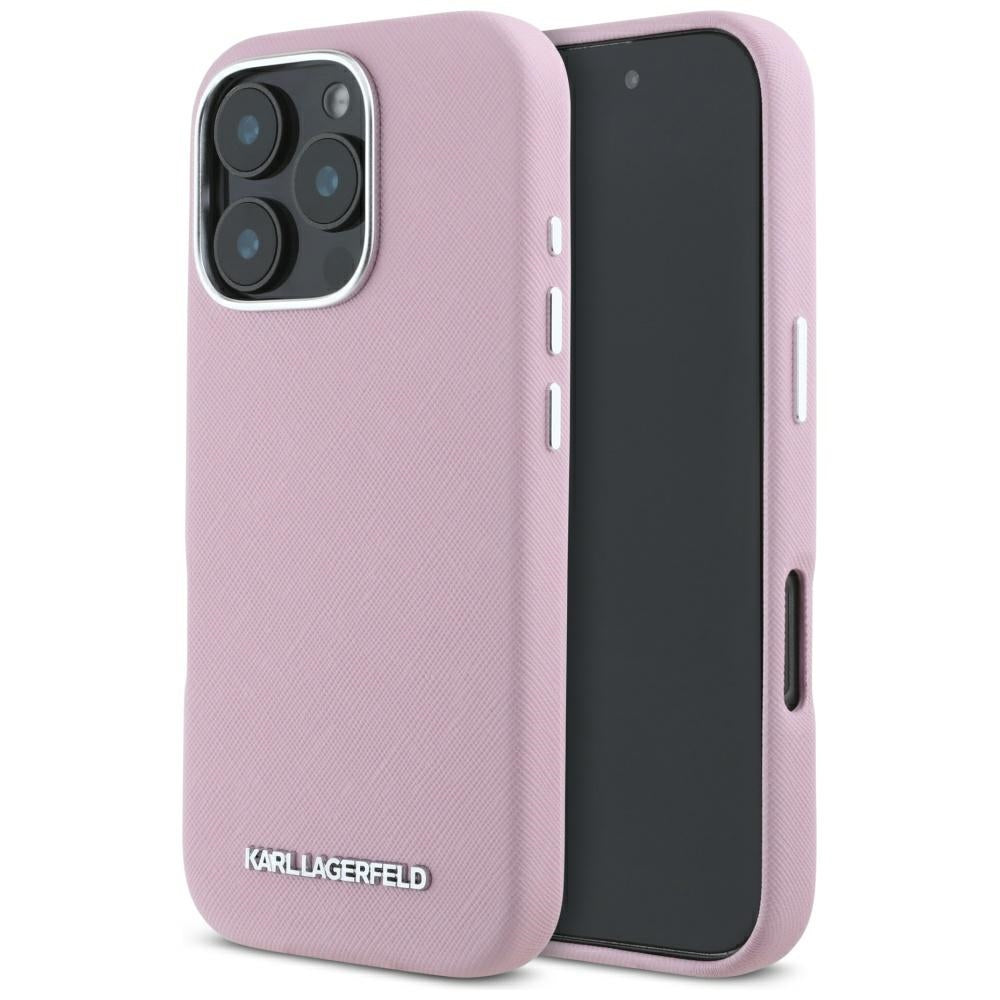 MagSafe hoesje voor Apple iPhone 16 Pro, Karl Lagerfeld, Saffiano Volledig Omhuld Verlengd Metalen Logo, Roze