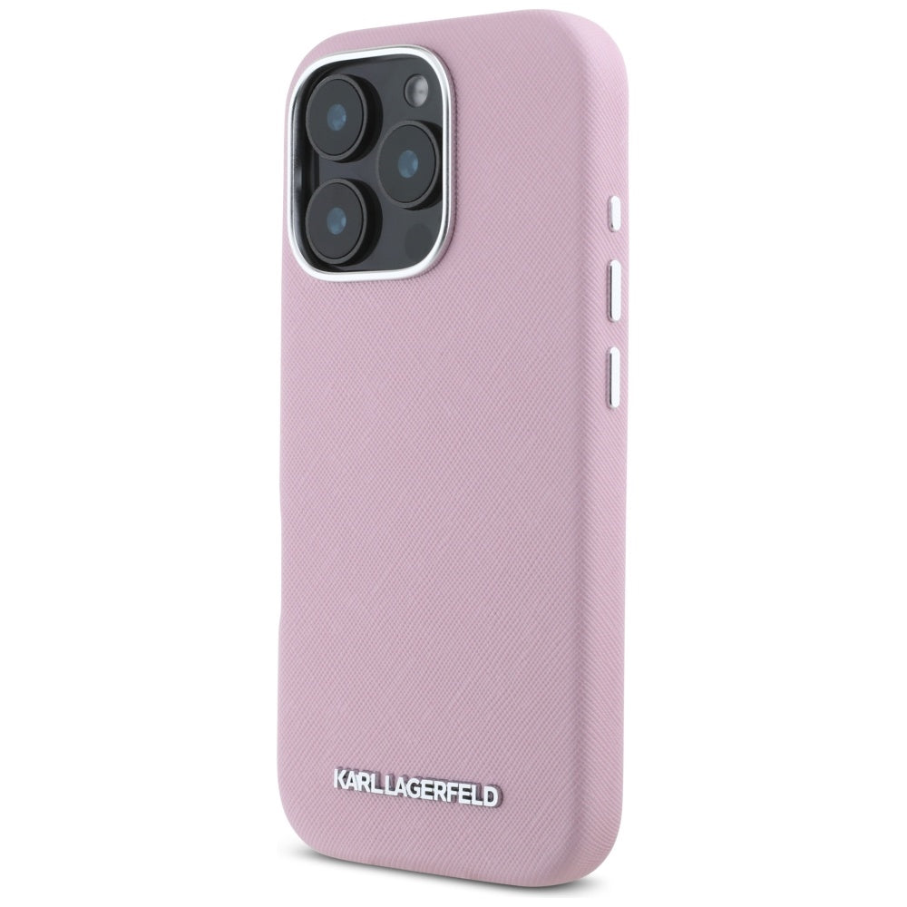 MagSafe hoesje voor Apple iPhone 16 Pro, Karl Lagerfeld, Saffiano Volledig Omhuld Verlengd Metalen Logo, Roze