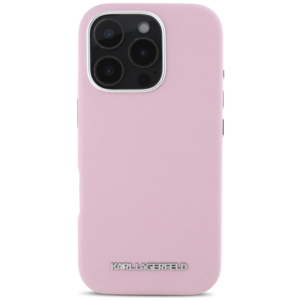 MagSafe hoesje voor Apple iPhone 16 Pro, Karl Lagerfeld, Saffiano Volledig Omhuld Verlengd Metalen Logo, Roze
