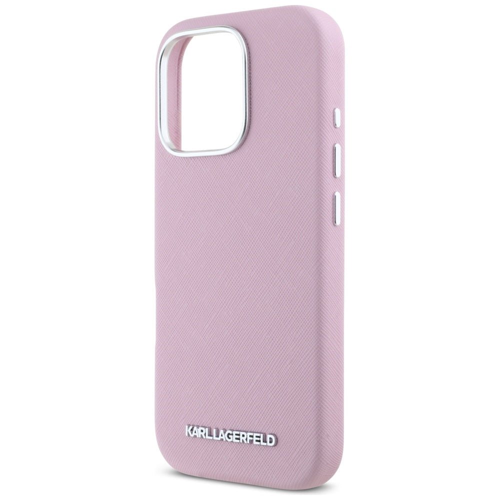 MagSafe hoesje voor Apple iPhone 16 Pro, Karl Lagerfeld, Saffiano Volledig Omhuld Verlengd Metalen Logo, Roze