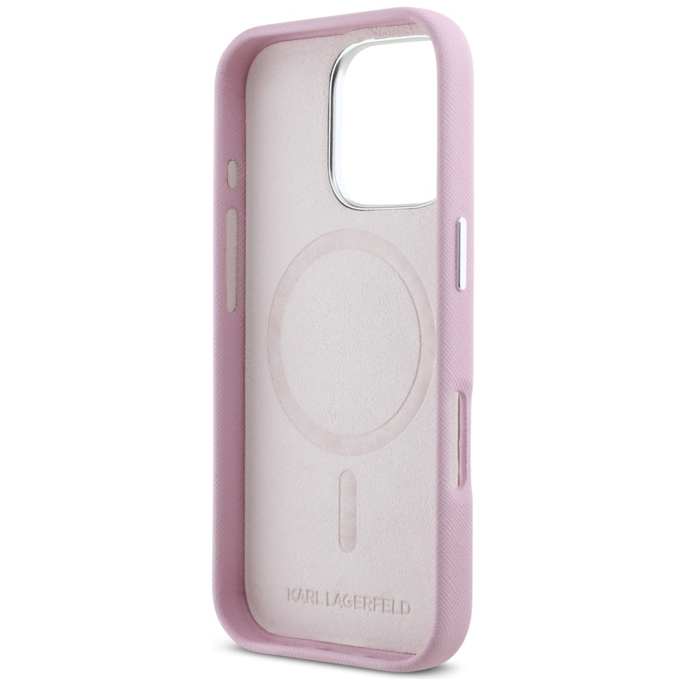 MagSafe hoesje voor Apple iPhone 16 Pro, Karl Lagerfeld, Saffiano Volledig Omhuld Verlengd Metalen Logo, Roze
